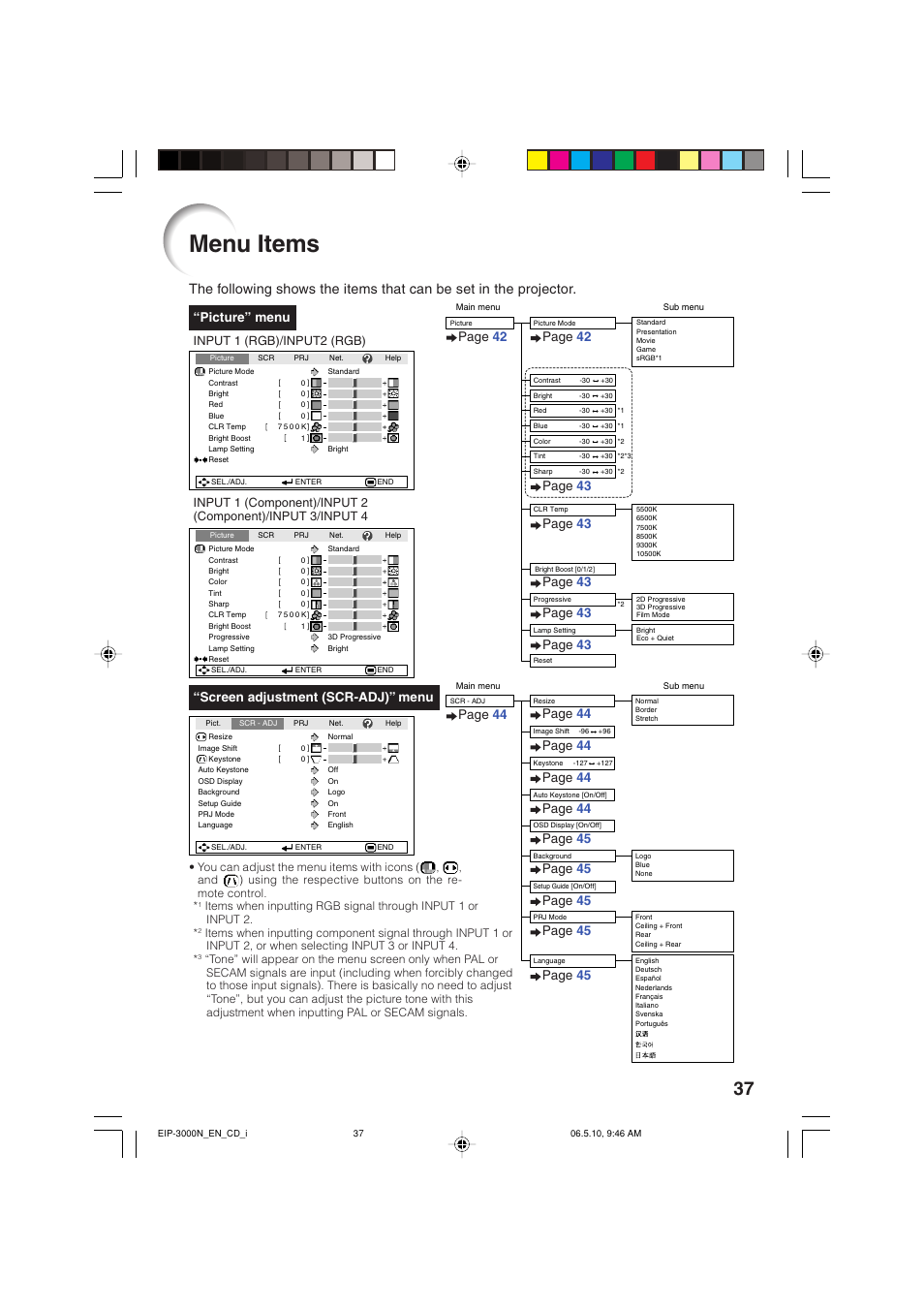 Menu items, Screen adjustment (scr-adj)” menu, Picture” menu | Page 42, Page 44 | Eiki EIP-3000N User Manual | Page 41 / 68