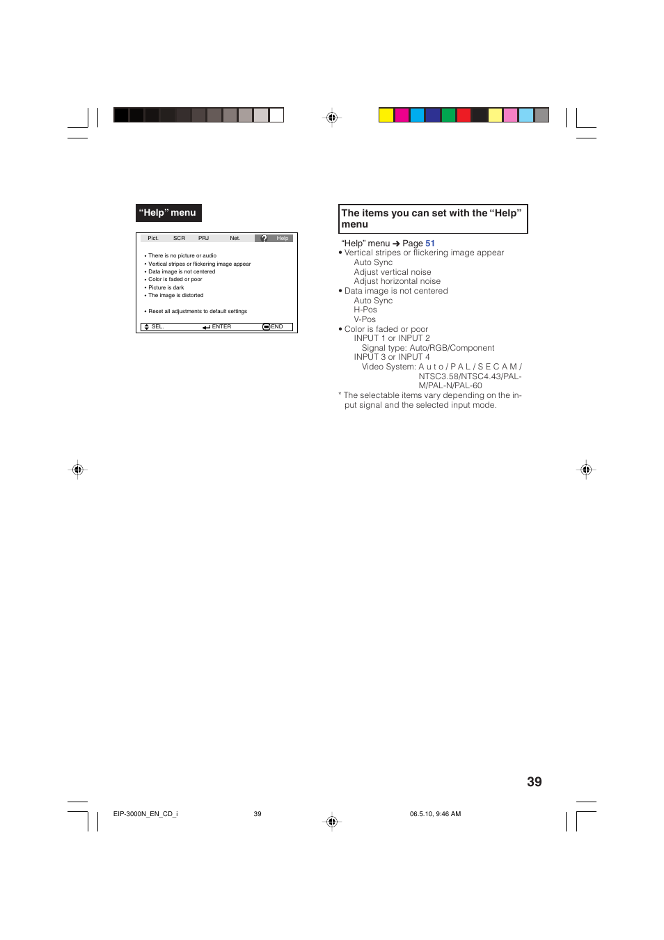 The items you can set with the “help” menu | Eiki EIP-3000N User Manual | Page 43 / 68