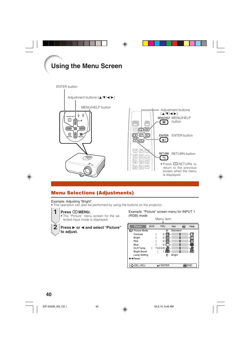 Using the menu screen, Menu selections (adjustments) | Eiki EIP-3000N User Manual | Page 44 / 68