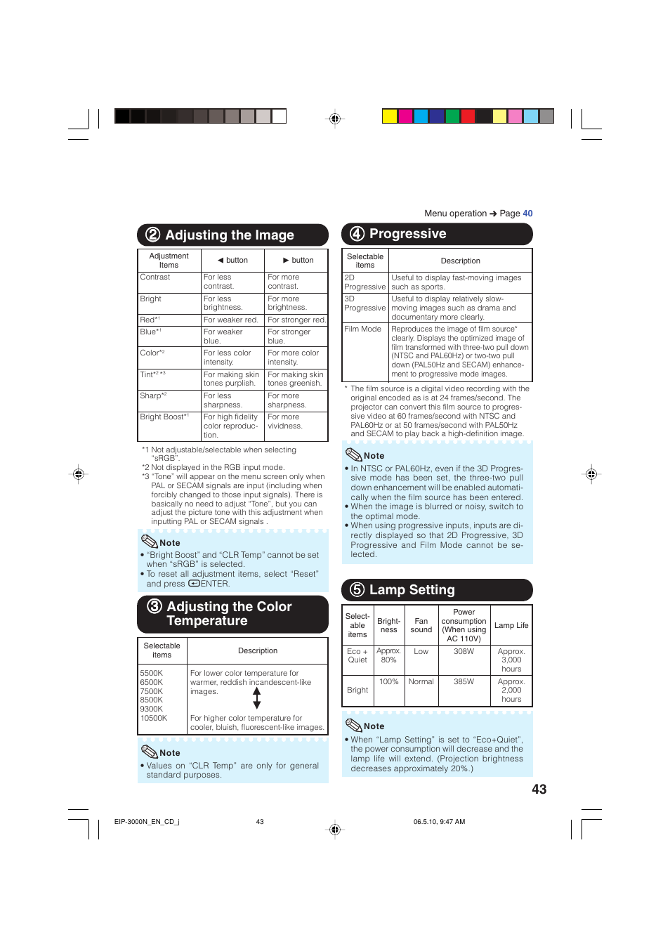 55 lamp setting, 22 adjusting the image, 33 adjusting the color temperature | Eiki EIP-3000N User Manual | Page 47 / 68