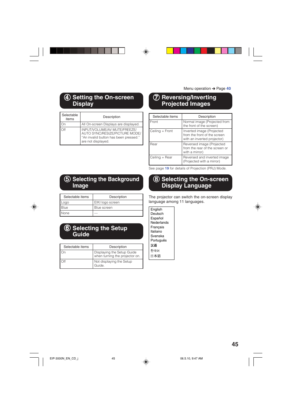 77 reversing/inverting projected images, 44 setting the on-screen display, 55 selecting the background image | Eiki EIP-3000N User Manual | Page 49 / 68