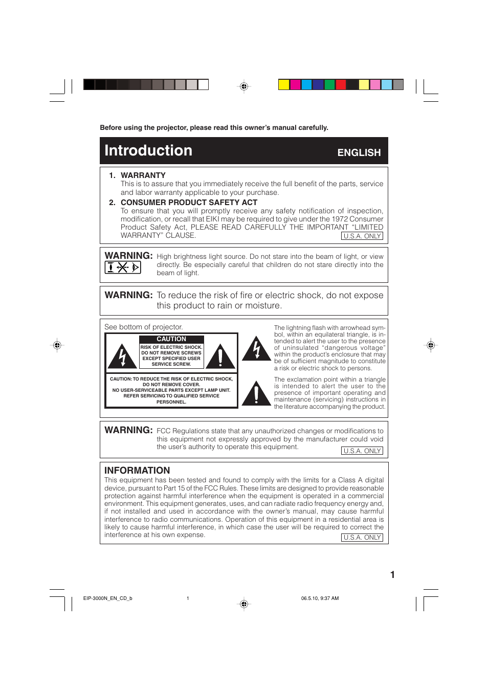 Introduction, English, Warning | Information | Eiki EIP-3000N User Manual | Page 5 / 68