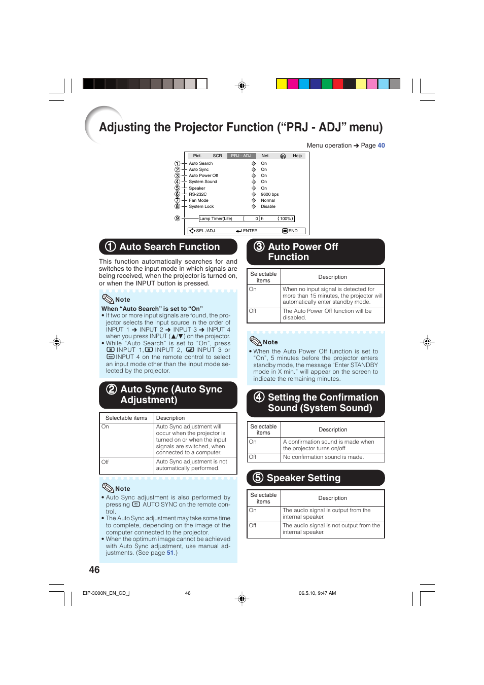 11 auto search function, 22 auto sync (auto sync adjustment), 44 setting the confirmation sound (system sound) | Eiki EIP-3000N User Manual | Page 50 / 68