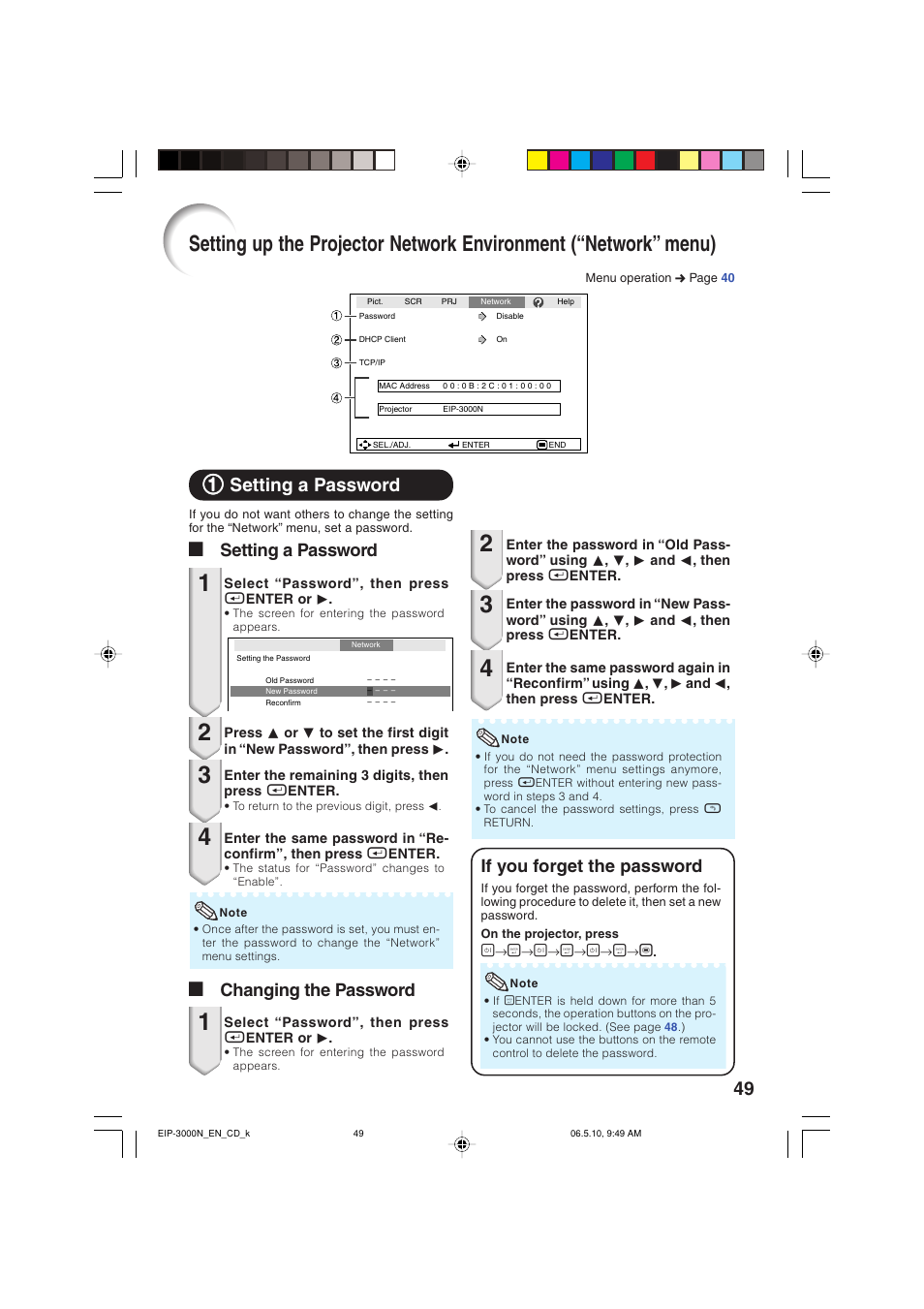11 setting a password, If you forget the password, Asetting a password a changing the password | Eiki EIP-3000N User Manual | Page 53 / 68