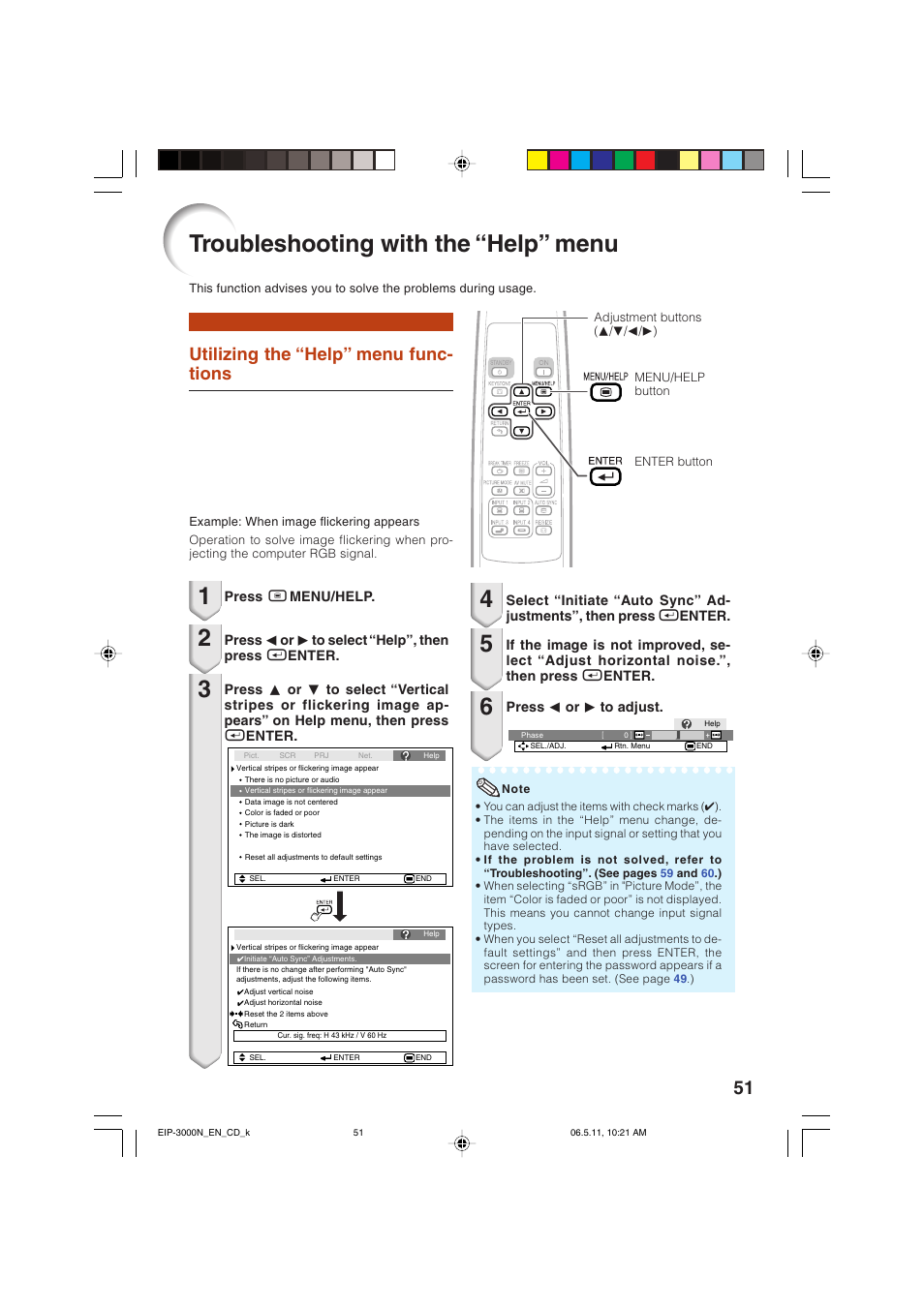 Troubleshooting with the “help” menu, Utilizing the “help” menu func- tions | Eiki EIP-3000N User Manual | Page 55 / 68