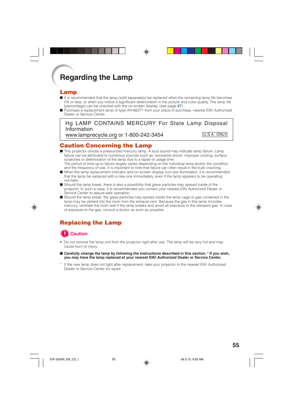 Regarding the lamp, Lamp, Caution concerning the lamp | Replacing the lamp | Eiki EIP-3000N User Manual | Page 59 / 68