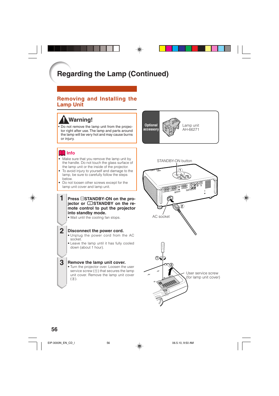Regarding the lamp (continued), Warning, Removing and installing the lamp unit | Eiki EIP-3000N User Manual | Page 60 / 68