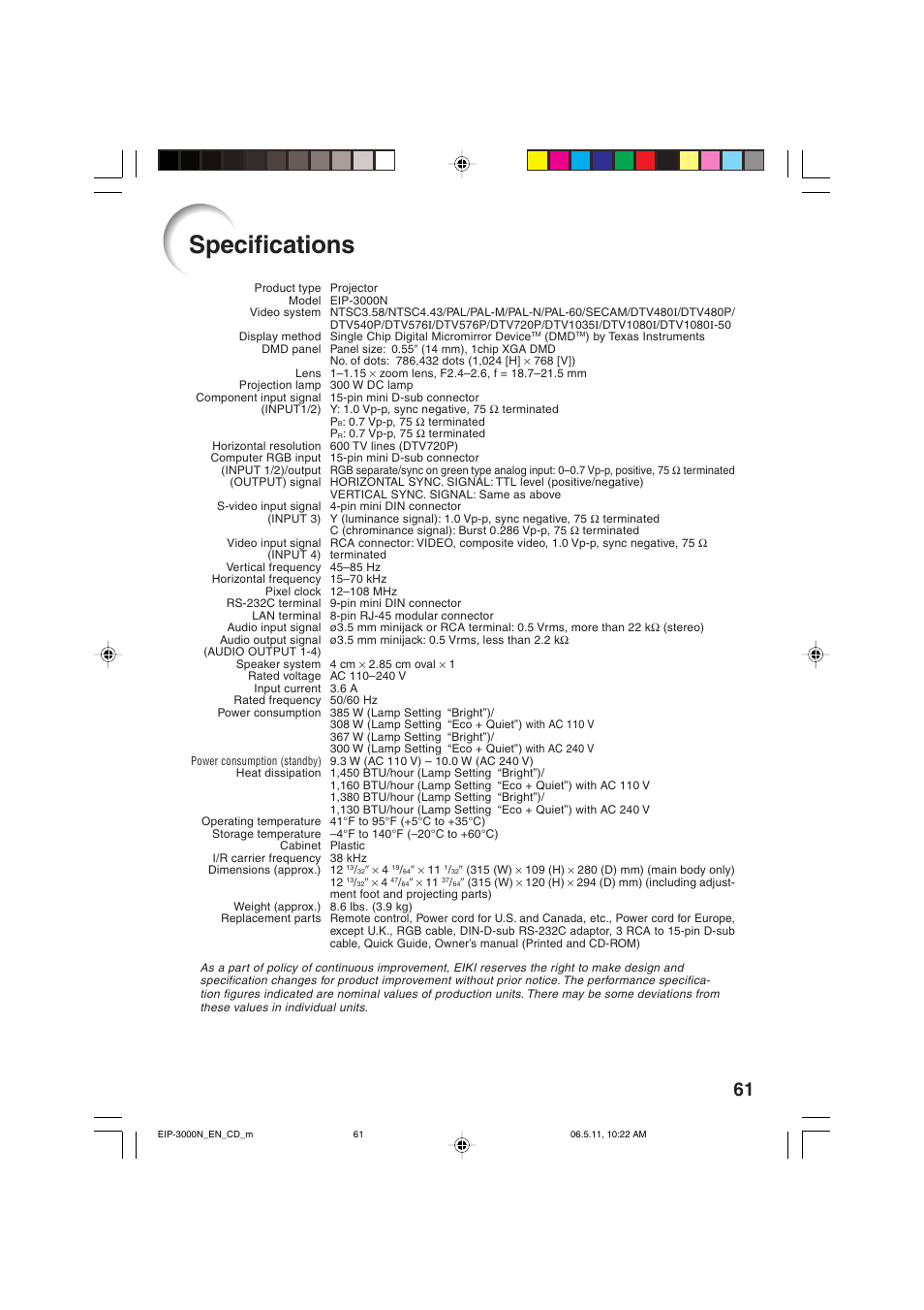 Specifications | Eiki EIP-3000N User Manual | Page 65 / 68