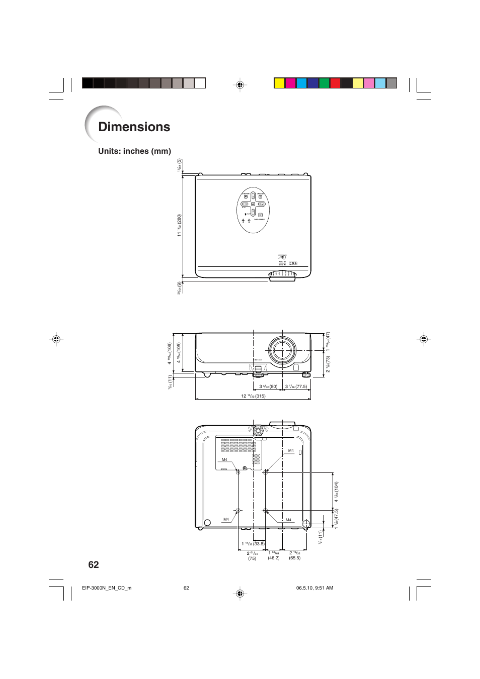Dimensions, Units: inches (mm) | Eiki EIP-3000N User Manual | Page 66 / 68