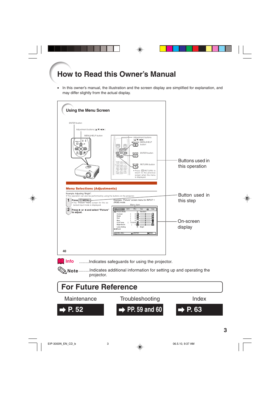 How to read this owner’s manual, For future reference, Index maintenance troubleshooting | Info, Indicates safeguards for using the projector | Eiki EIP-3000N User Manual | Page 7 / 68