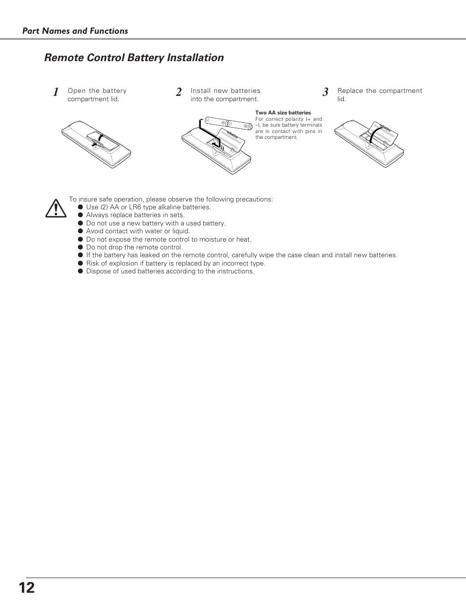 Remote control battery insta, Remote control battery installation | Eiki LC-SD15 User Manual | Page 12 / 60