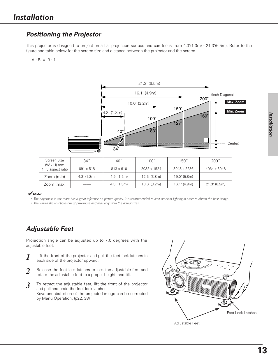 Installation, Positioning the projector, Adjustable feet | Eiki LC-SD15 User Manual | Page 13 / 60