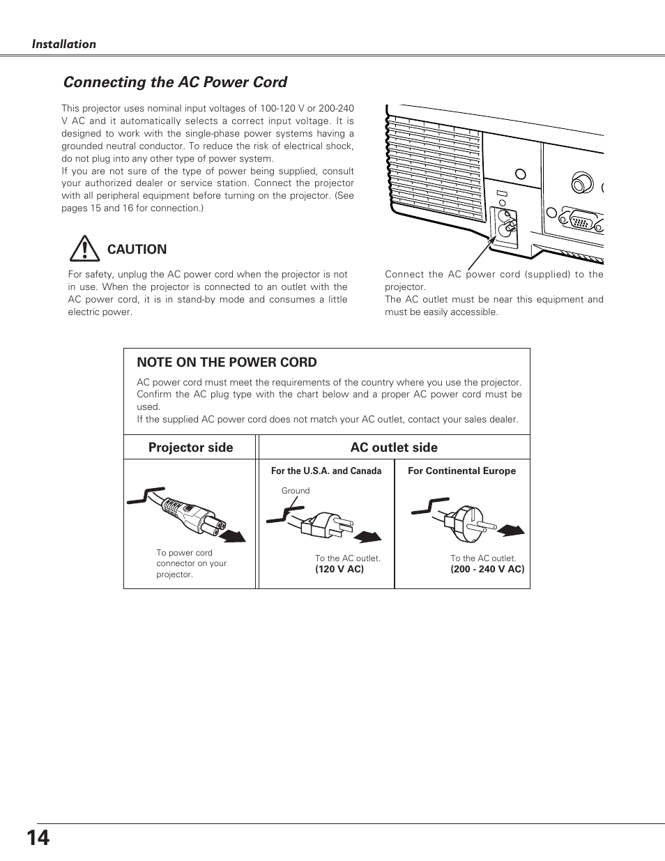 Connecting the ac power cord | Eiki LC-SD15 User Manual | Page 14 / 60
