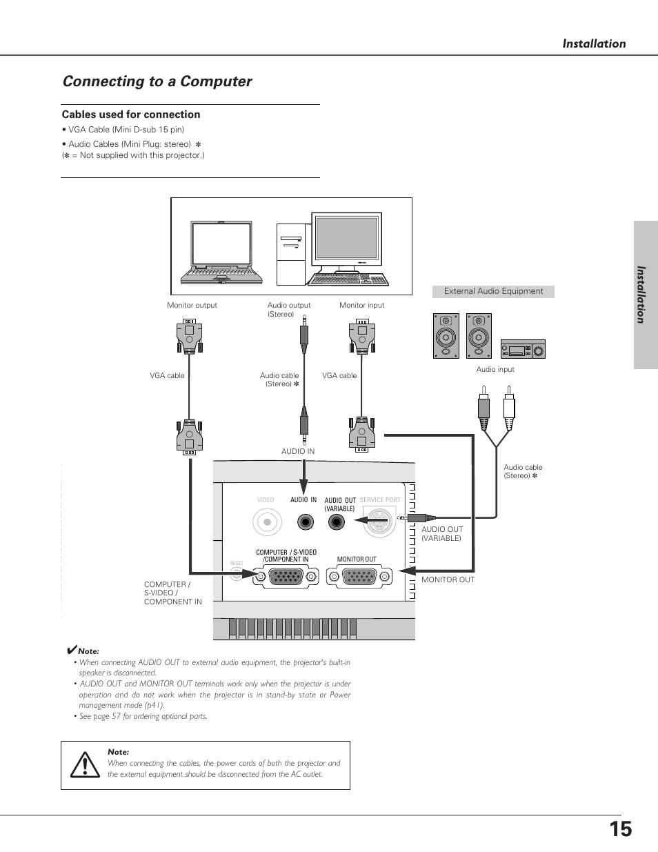 Connecting to a computer, Installation | Eiki LC-SD15 User Manual | Page 15 / 60