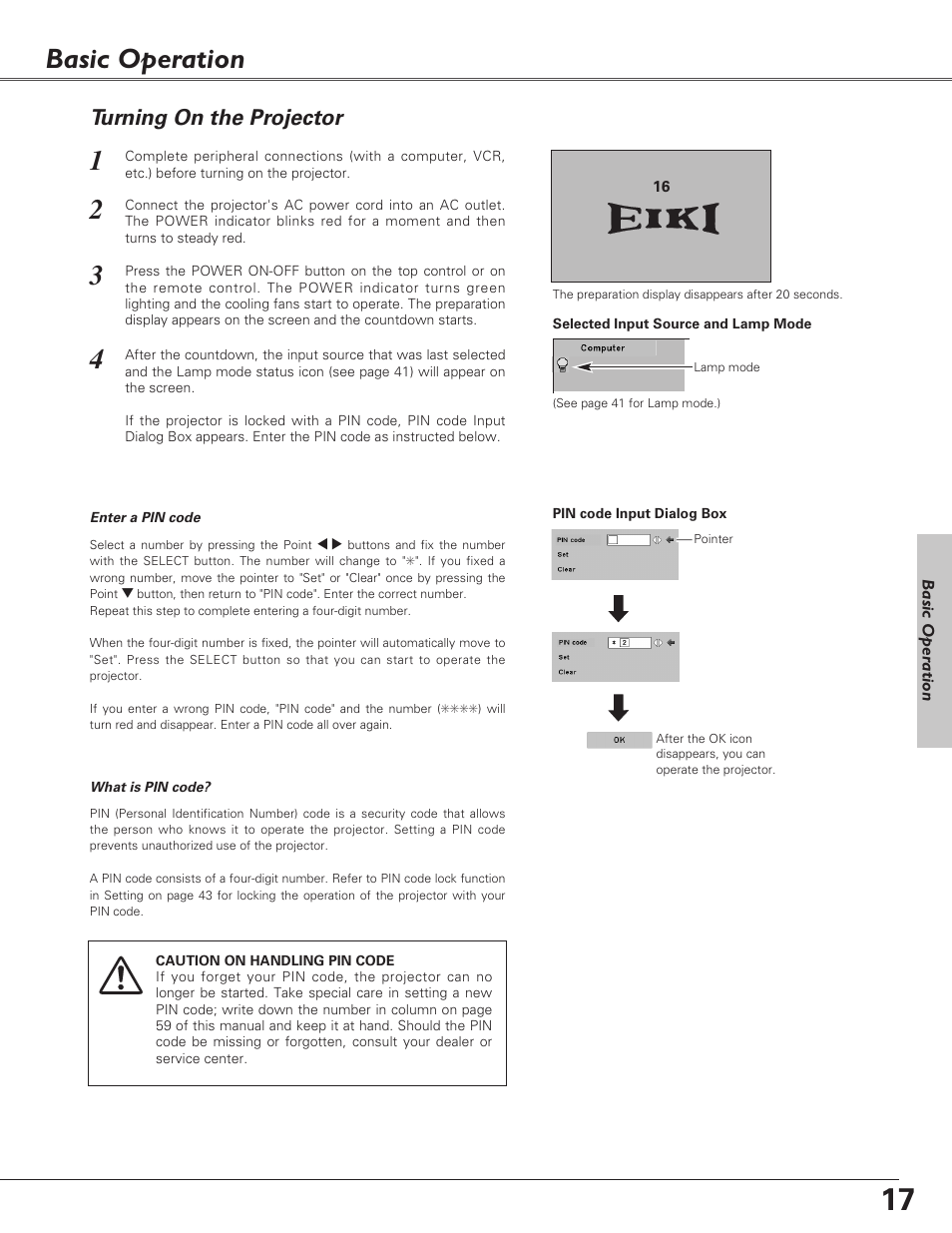 Basic operation, Turning on the projector | Eiki LC-SD15 User Manual | Page 17 / 60