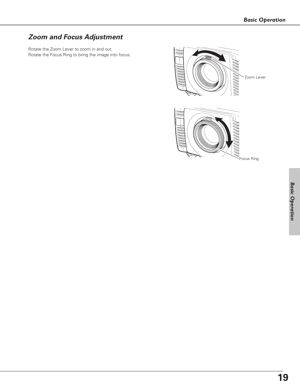 Zoom and focus adjustment | Eiki LC-SD15 User Manual | Page 19 / 60