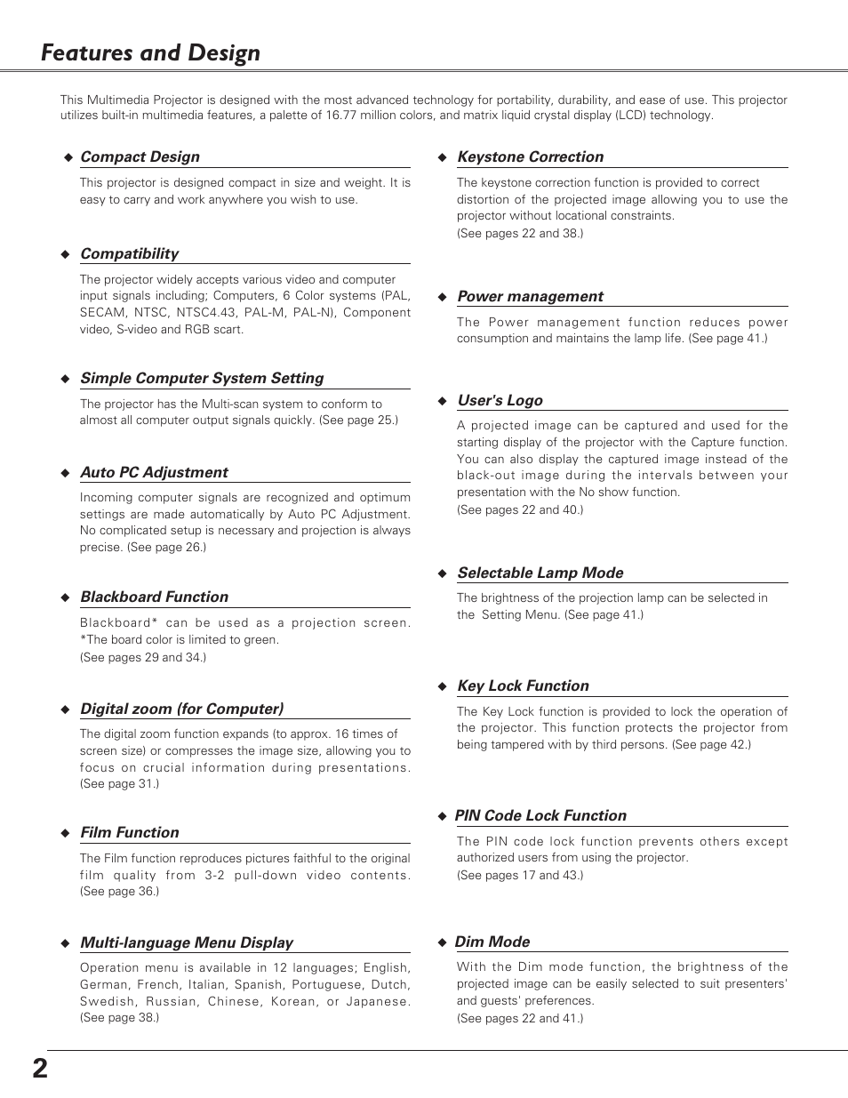 Features and design | Eiki LC-SD15 User Manual | Page 2 / 60