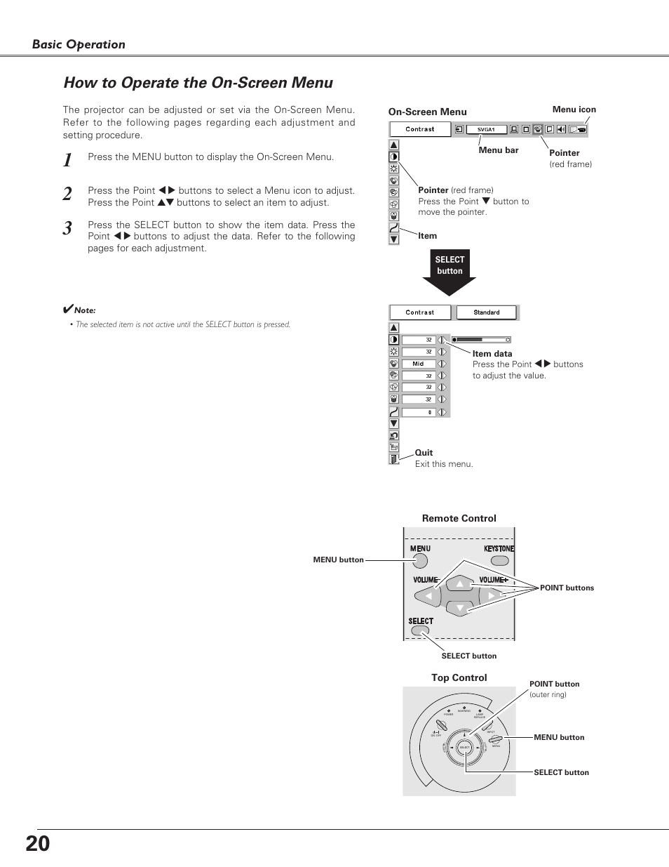 How to operate the on-screen, How to operate the on-screen menu, Basic operation | Top control, On-screen menu, Remote control | Eiki LC-SD15 User Manual | Page 20 / 60