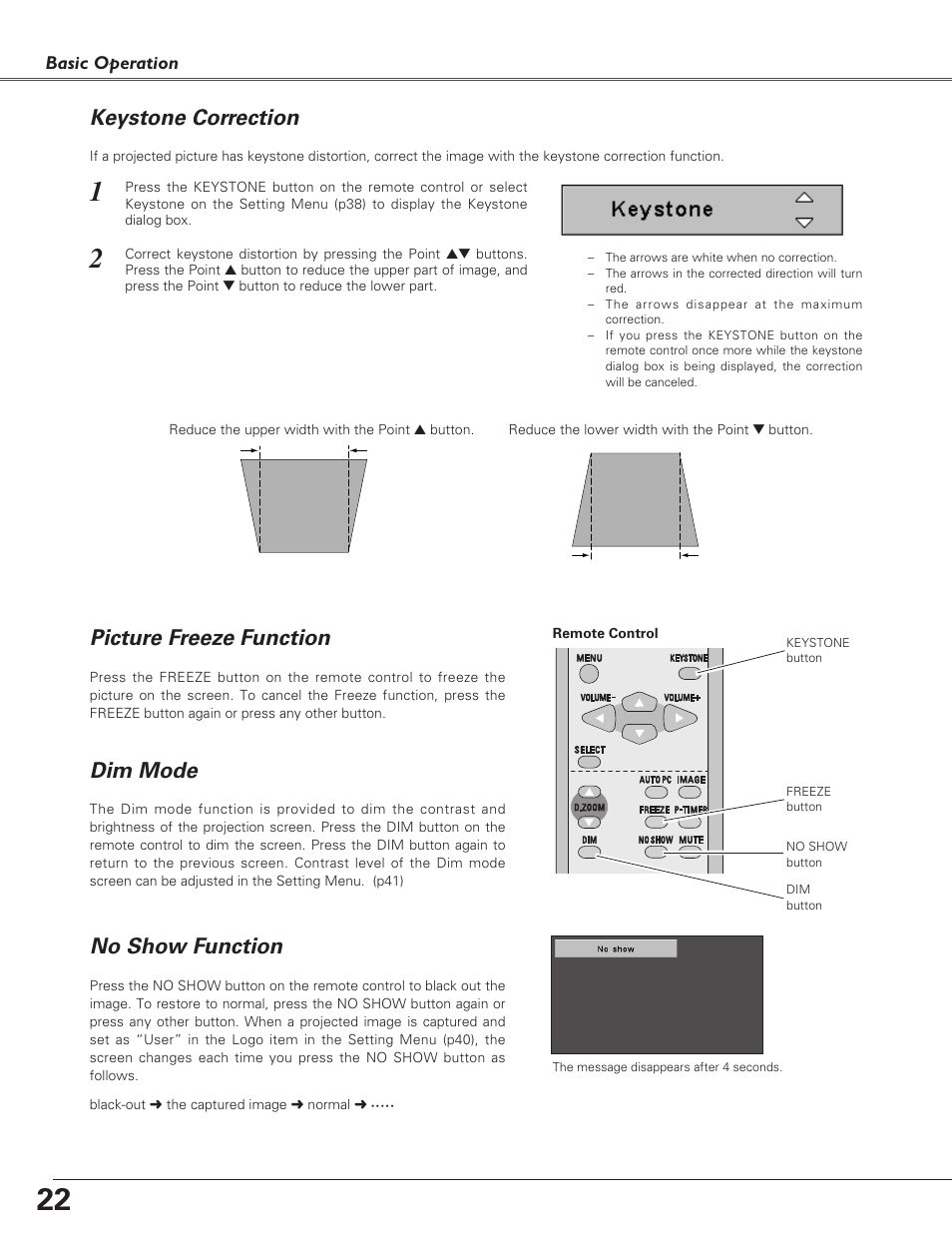 Keystone correction, Picture freeze function, Dim mode | No show function | Eiki LC-SD15 User Manual | Page 22 / 60