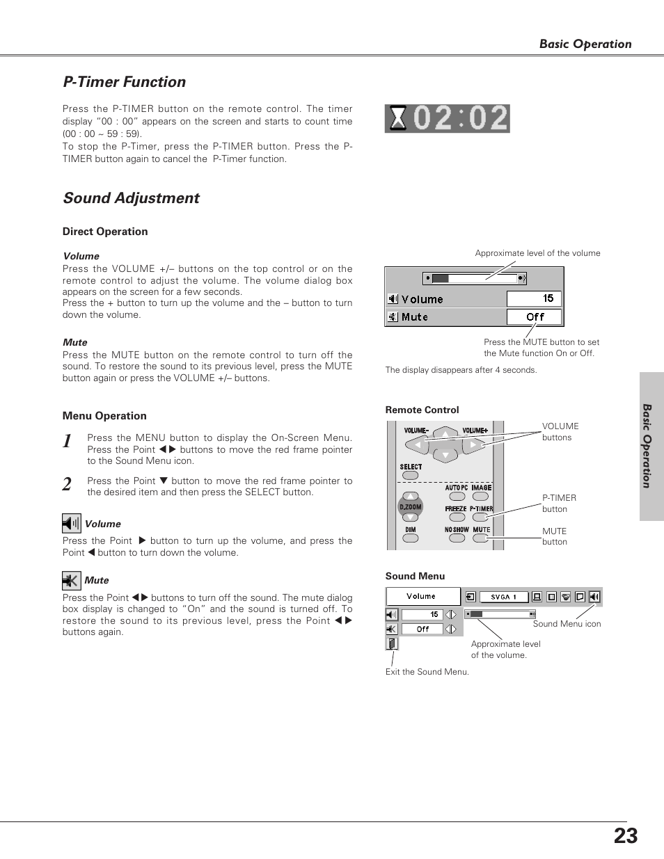 P-timer function, Sound adjustment | Eiki LC-SD15 User Manual | Page 23 / 60