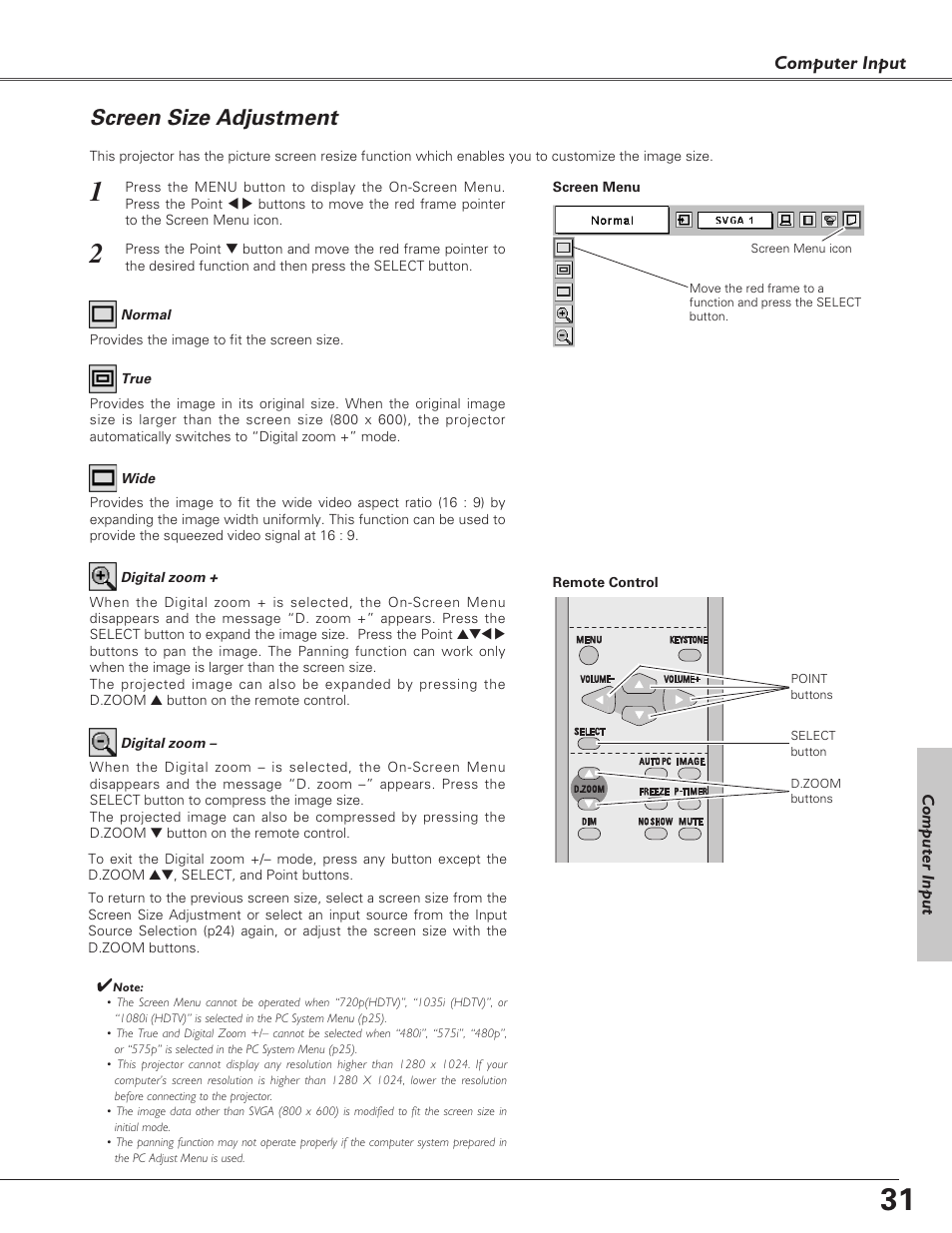 Screen size adjustment, Computer input | Eiki LC-SD15 User Manual | Page 31 / 60