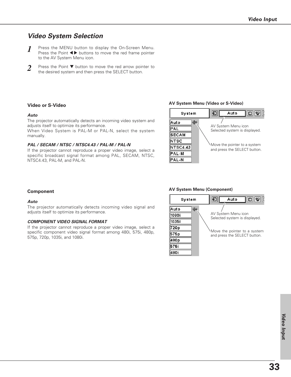 Video system selection | Eiki LC-SD15 User Manual | Page 33 / 60