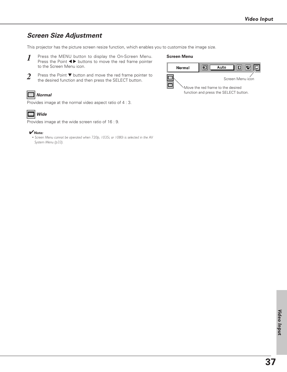 Screen size adjustment | Eiki LC-SD15 User Manual | Page 37 / 60
