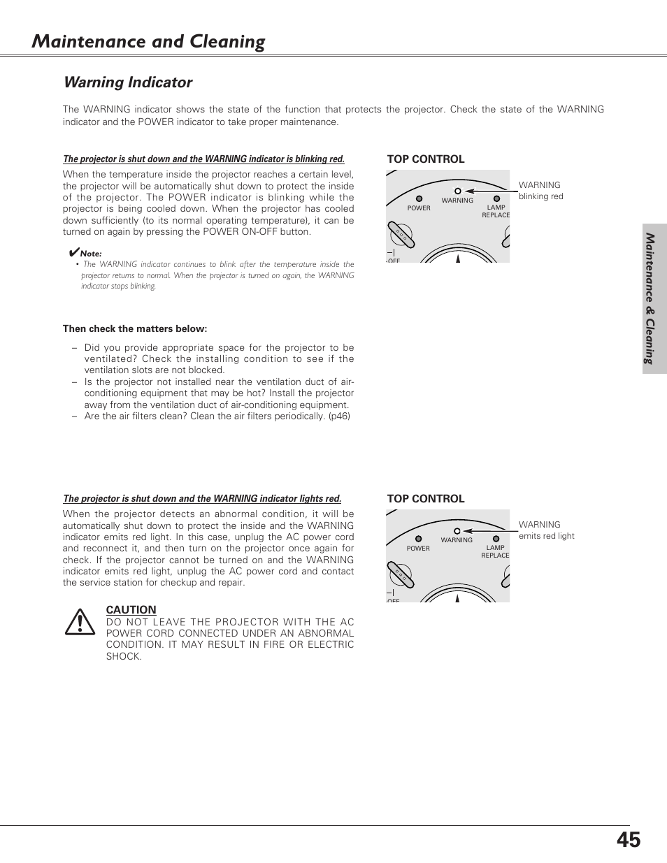 Maintenance and cleaning, Warning indicator | Eiki LC-SD15 User Manual | Page 45 / 60