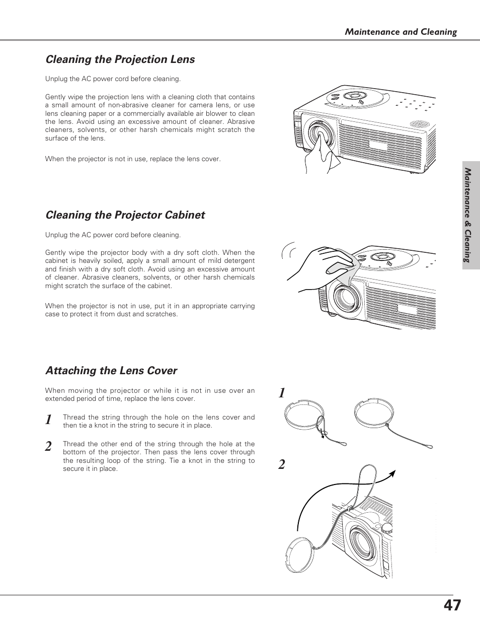 Cleaning the projection lens, Cleaning the projector cabinet, Attaching the lens cover | Eiki LC-SD15 User Manual | Page 47 / 60