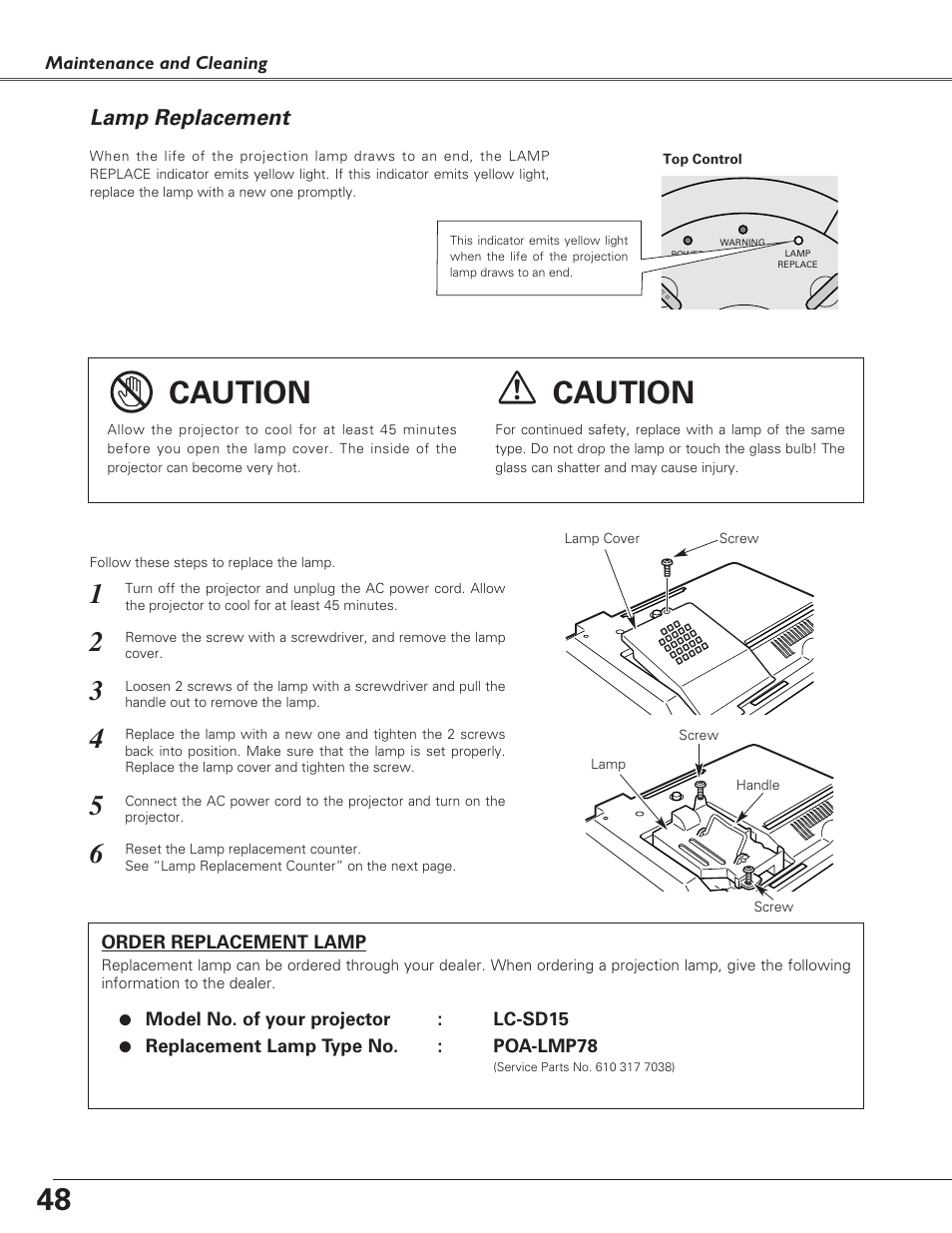 Lamp replacement, Caution | Eiki LC-SD15 User Manual | Page 48 / 60