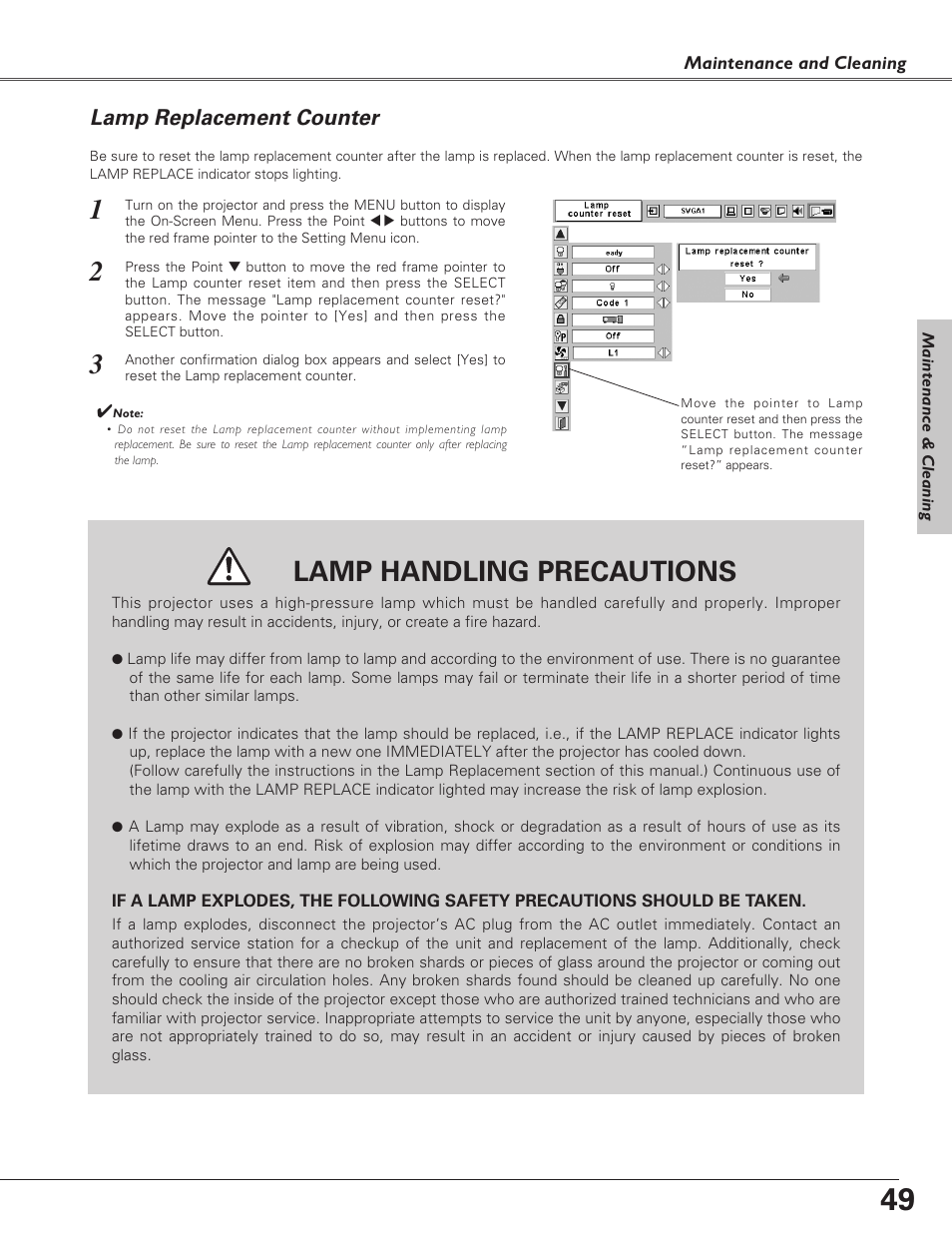 Lamp replacement counter, Lamp handling precautions | Eiki LC-SD15 User Manual | Page 49 / 60