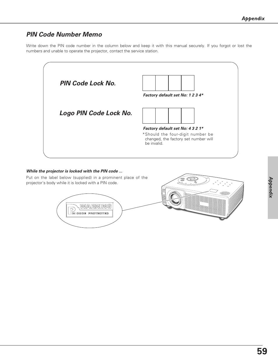 Pin code number memo, Pin code lock no. logo pin code lock no | Eiki LC-SD15 User Manual | Page 59 / 60