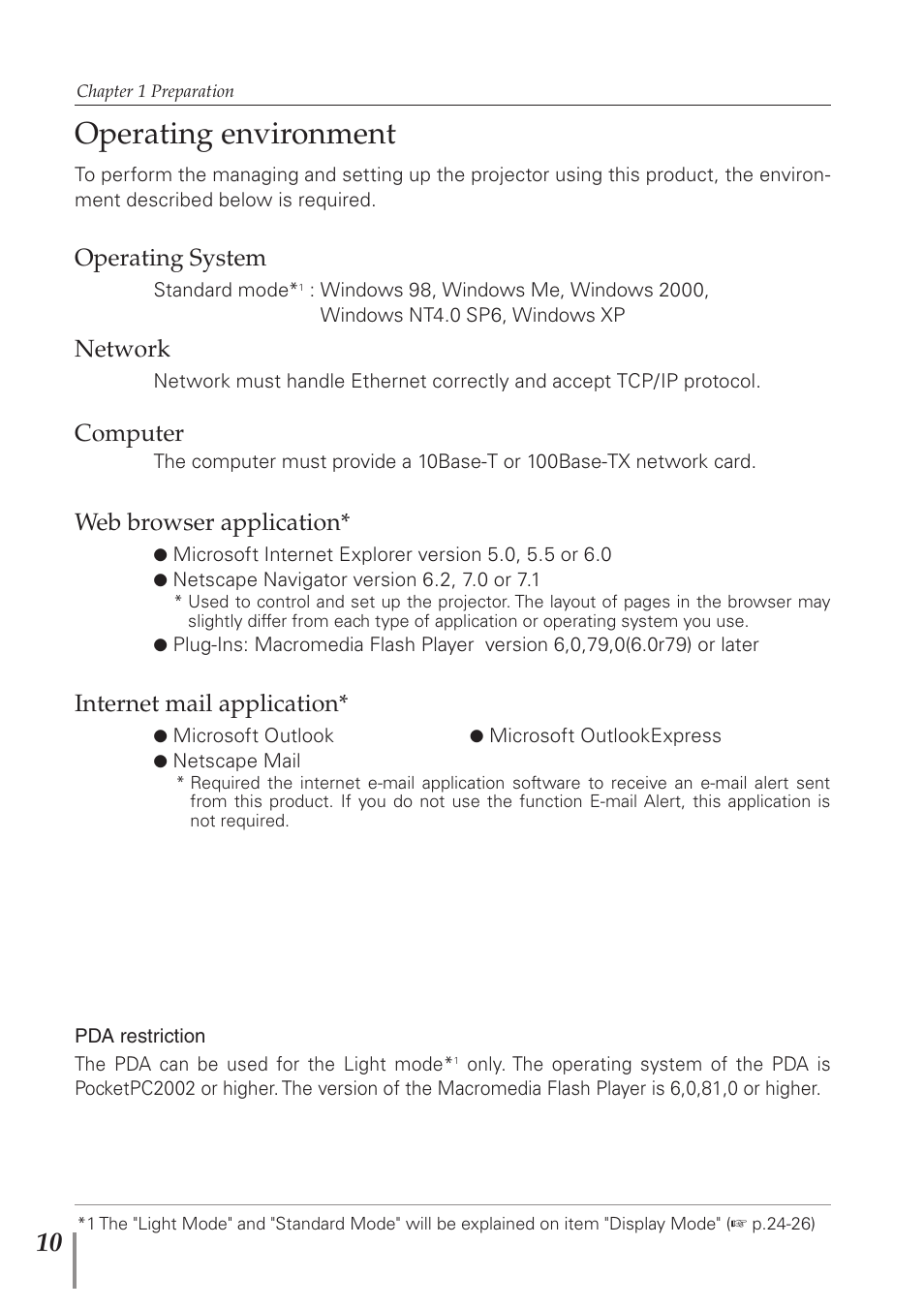 Operating environment, Operating system, Network | Computer, Web browser application, Internet mail application | Eiki PJNET-300 User Manual | Page 10 / 86