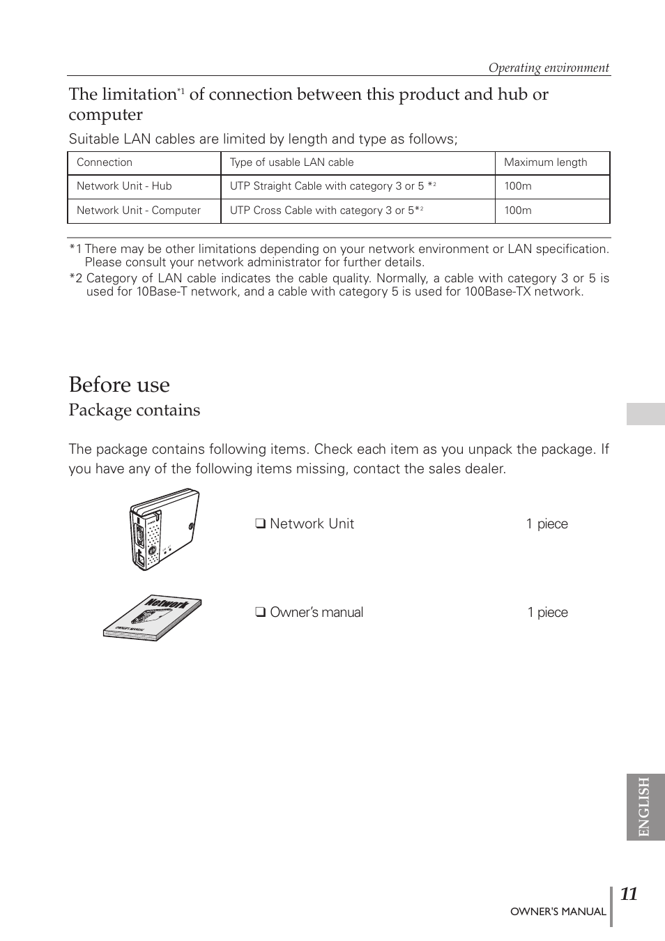 Before use, Package contains, The limitation | Eiki PJNET-300 User Manual | Page 11 / 86