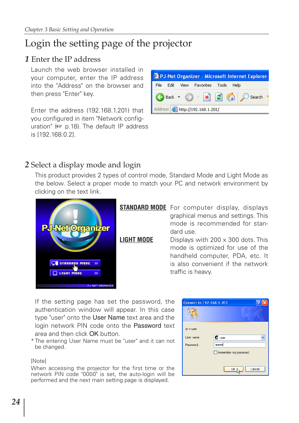 1 enter the ip address, 2 select a display mode and login, Login the setting page of the projector | Eiki PJNET-300 User Manual | Page 24 / 86
