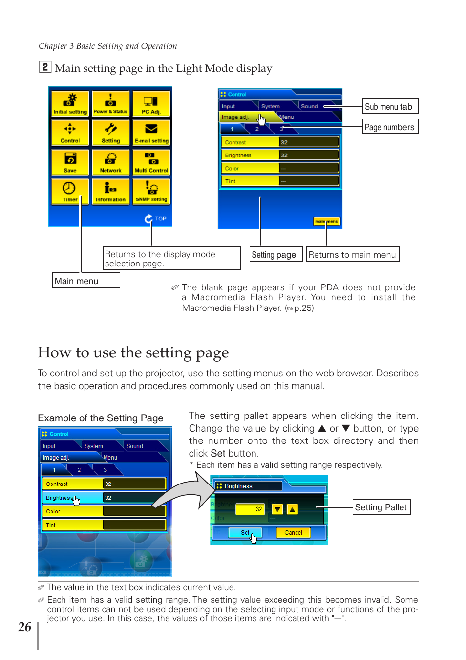 How to use the setting page | Eiki PJNET-300 User Manual | Page 26 / 86