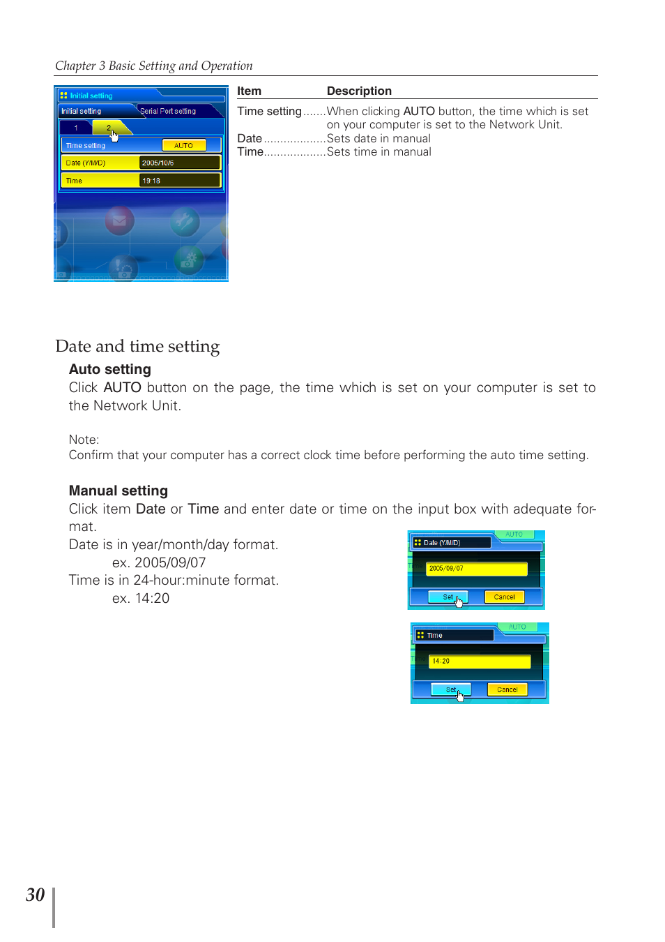 Date and time setting | Eiki PJNET-300 User Manual | Page 30 / 86