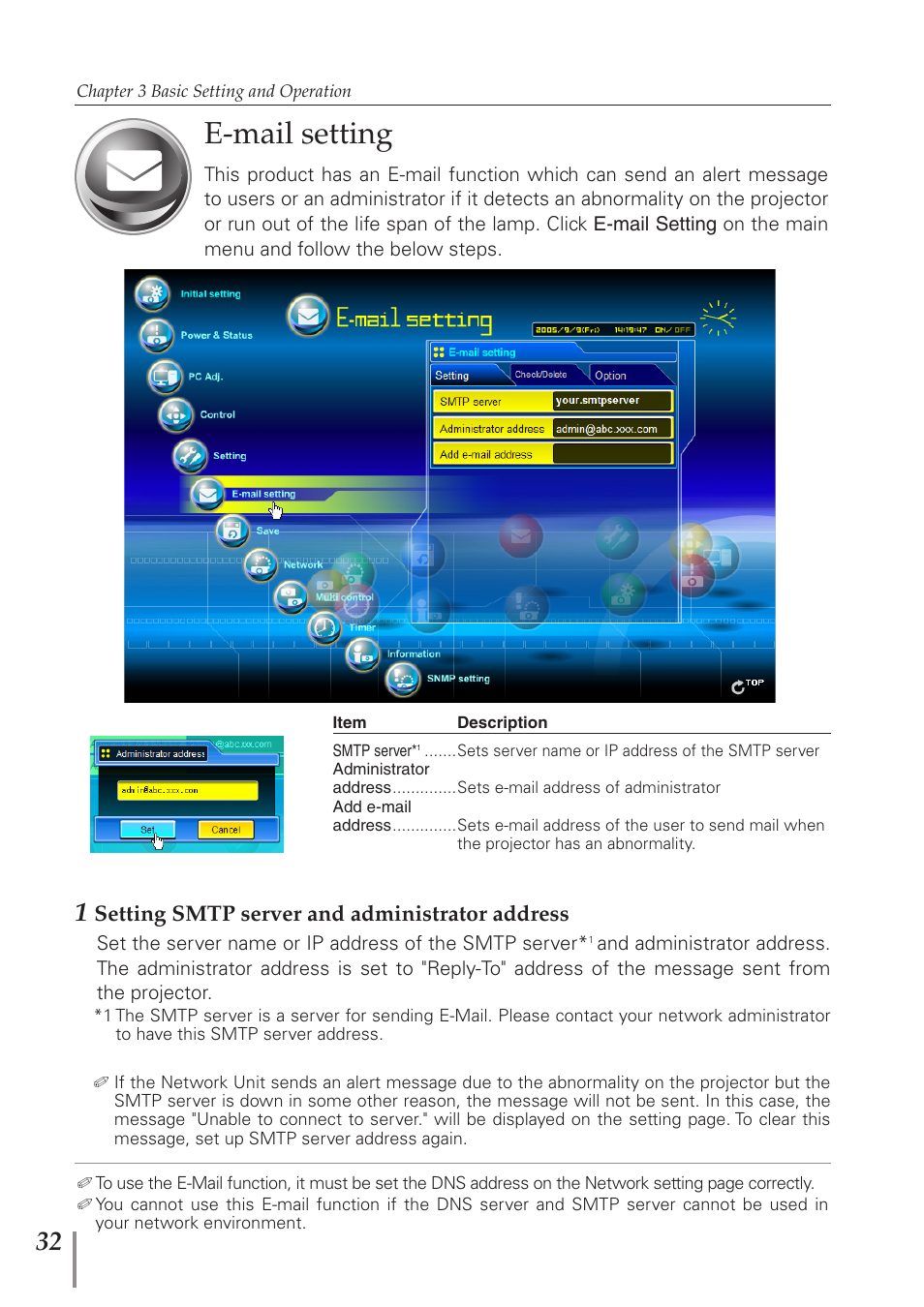E-mail setting, Setting smtp server and administrator address | Eiki PJNET-300 User Manual | Page 32 / 86