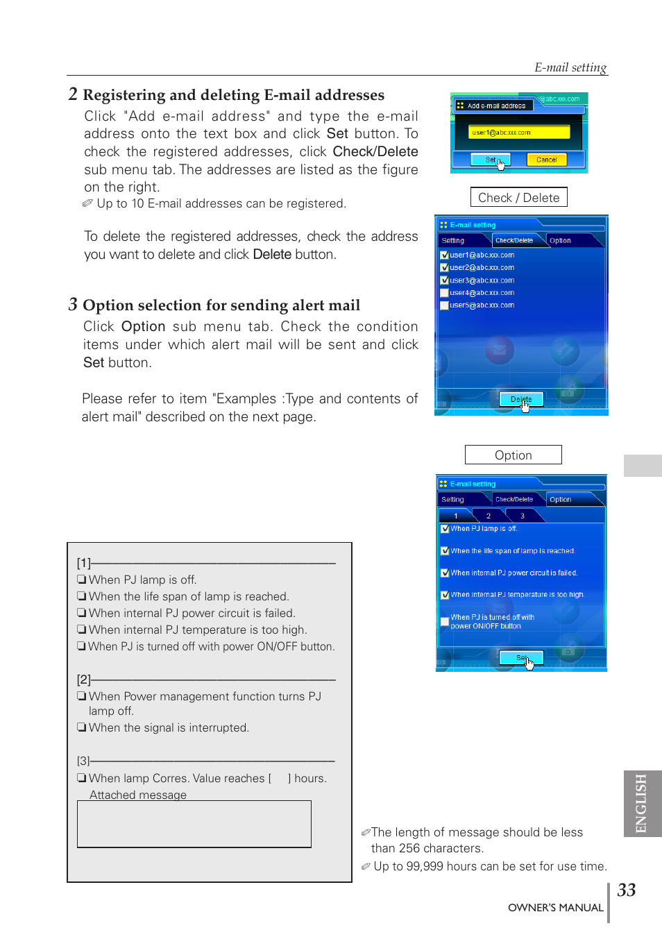 Registering and deleting e-mail addresses, Option selection for sending alert mail | Eiki PJNET-300 User Manual | Page 33 / 86