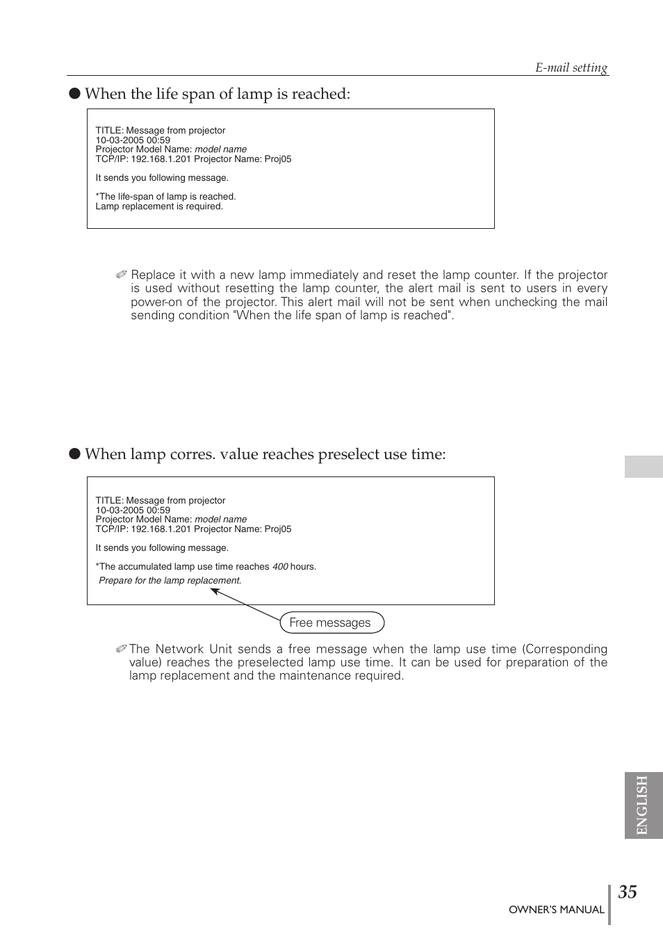 When the life span of lamp is reached, When lamp corres. value reaches preselect use time | Eiki PJNET-300 User Manual | Page 35 / 86