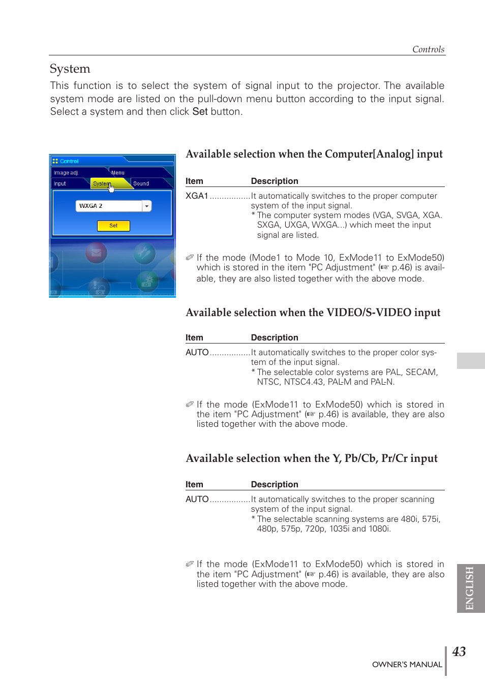 System, Available selection when the video/s-video input, Available selection when the y, pb/cb, pr/cr input | Eiki PJNET-300 User Manual | Page 43 / 86