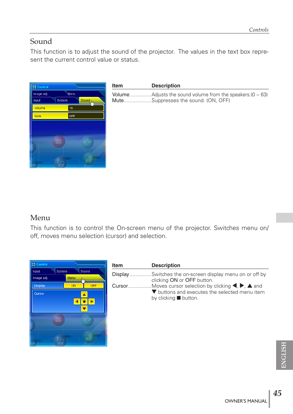 Sound, Menu, Sound menu | Eiki PJNET-300 User Manual | Page 45 / 86