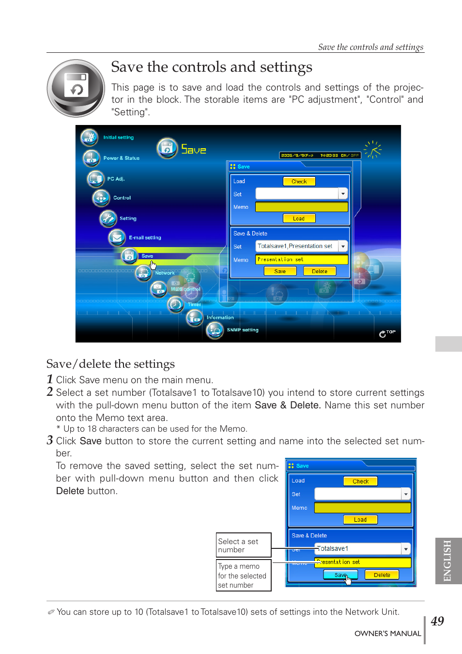 Save the controls and settings, Save/delete the settings | Eiki PJNET-300 User Manual | Page 49 / 86