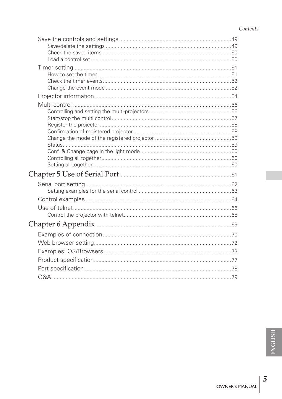 Chapter 5 use of serial port, Chapter 6 appendix | Eiki PJNET-300 User Manual | Page 5 / 86