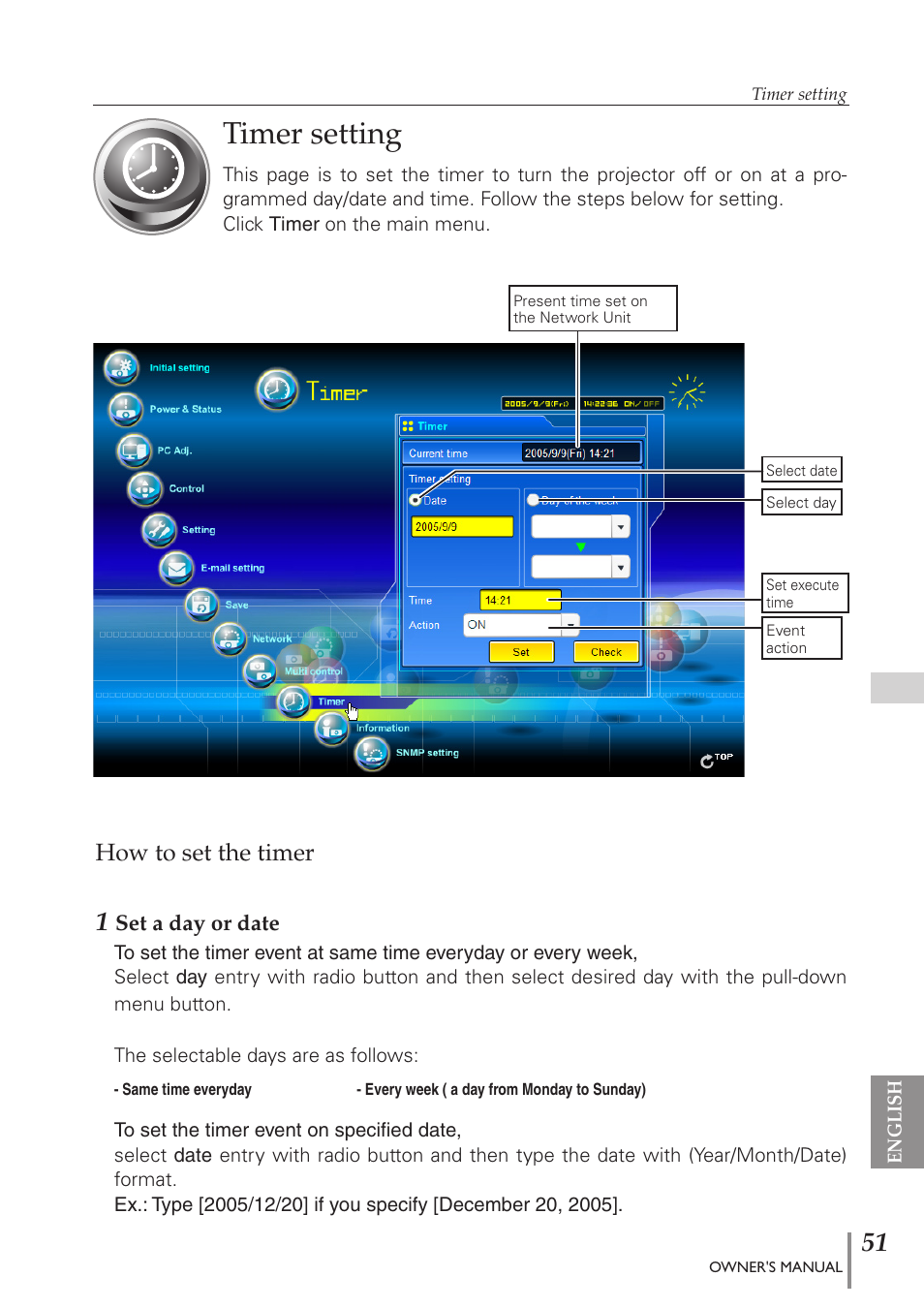 Timer setting, How to set the timer | Eiki PJNET-300 User Manual | Page 51 / 86