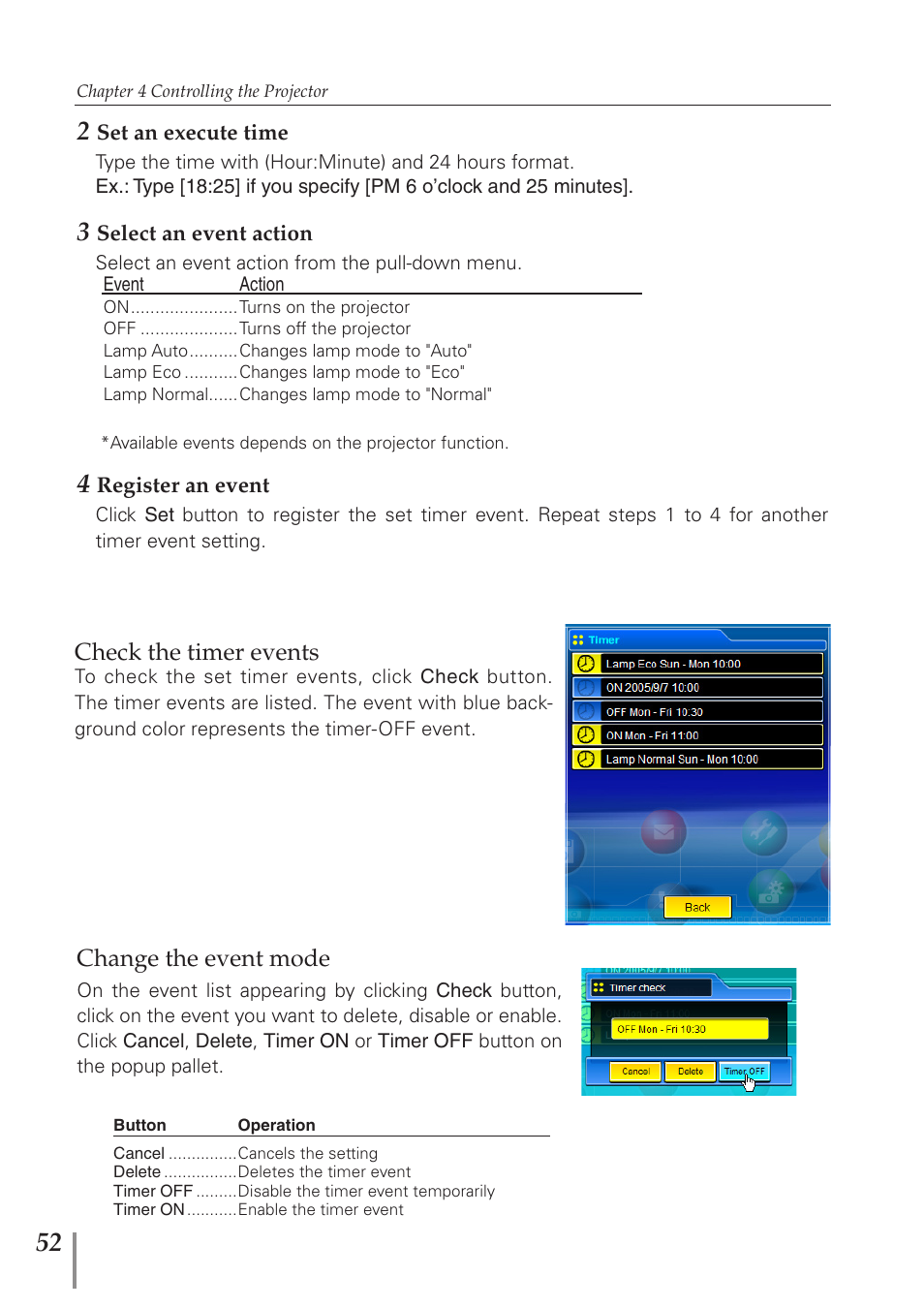 Check the timer events, Change the event mode, Check the timer events change the event mode | Eiki PJNET-300 User Manual | Page 52 / 86