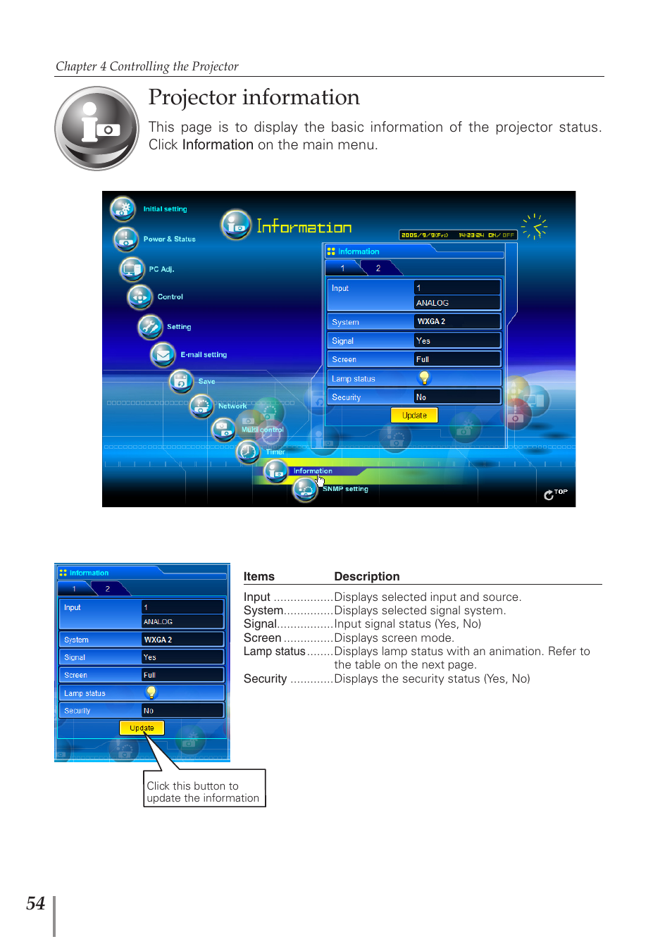 Projector information | Eiki PJNET-300 User Manual | Page 54 / 86