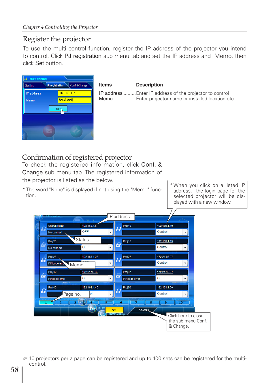 Register the projector, Confirmation of registered projector | Eiki PJNET-300 User Manual | Page 58 / 86