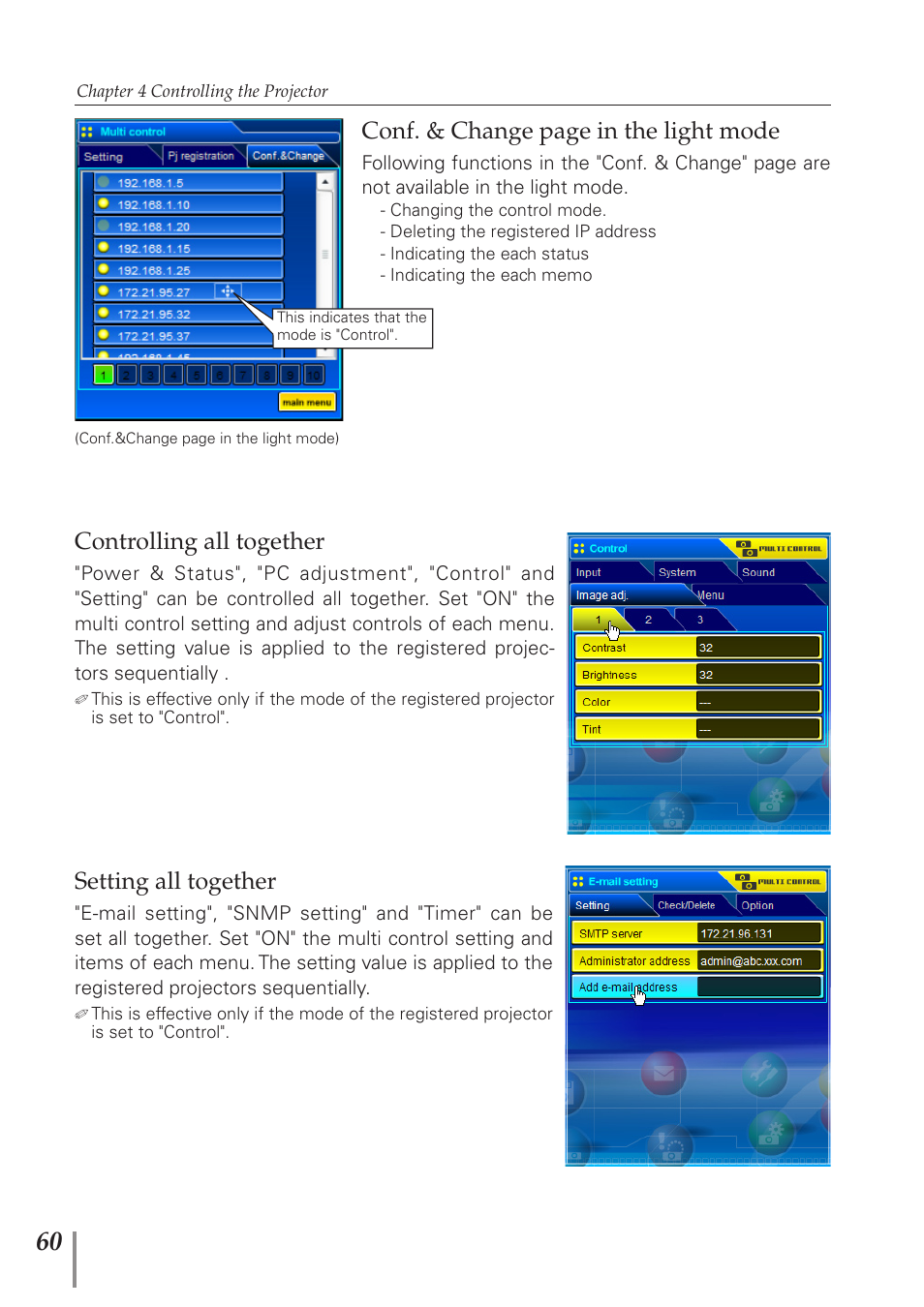Controlling all together, Setting all together, Conf. & change page in the light mode | Eiki PJNET-300 User Manual | Page 60 / 86