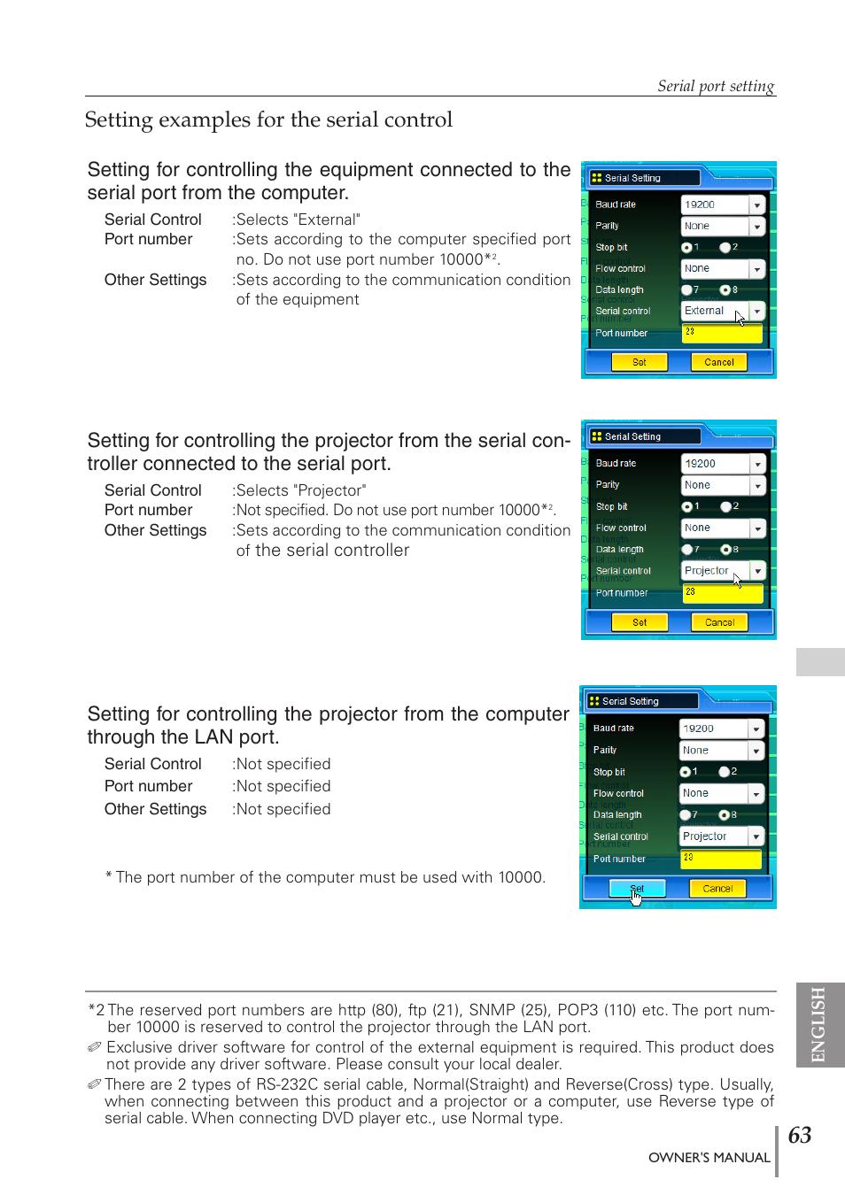 Setting examples for the serial control | Eiki PJNET-300 User Manual | Page 63 / 86
